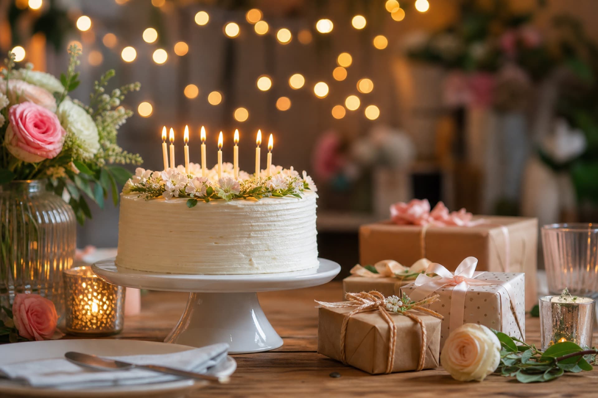 Birthday cake, wrapped presents, and flowers on a celebration table