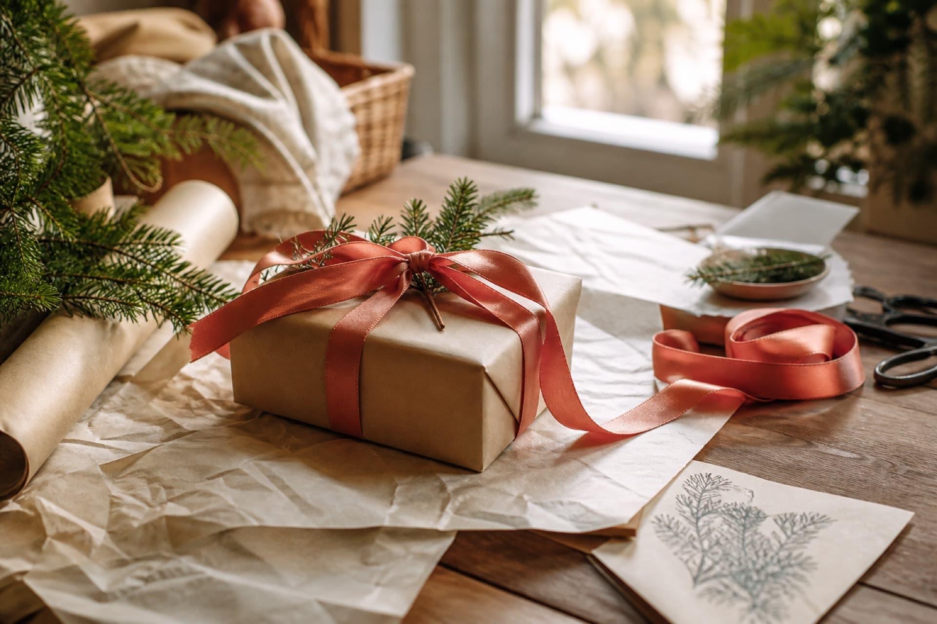 Wrapped gift with coral ribbon and a handwritten note