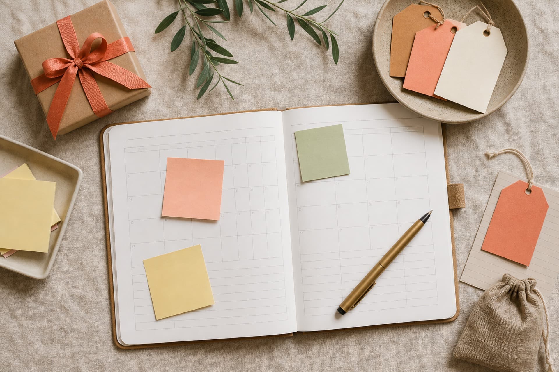 Planner, notes, and a small wrapped gift arranged on linen